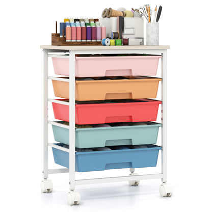 5-Drawer Rolling Cart with Wooden Tabletop and Metal Frame for Craft Room-Green Gradient
