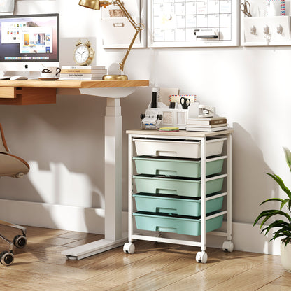 5-Drawer Rolling Cart with Wooden Tabletop and Metal Frame for Craft Room-Green Gradient