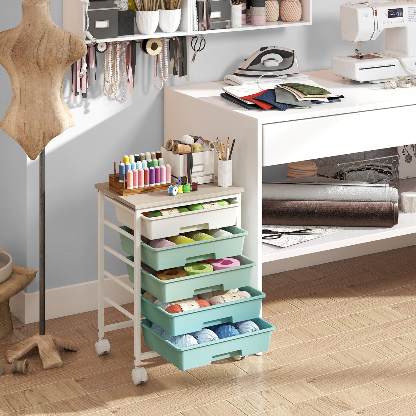 5-Drawer Rolling Cart with Wooden Tabletop and Metal Frame for Craft Room-Green Gradient