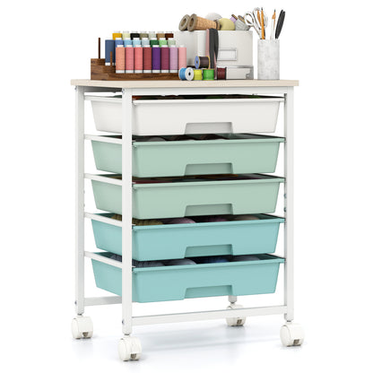5-Drawer Rolling Cart with Wooden Tabletop and Metal Frame for Craft Room-Green Gradient