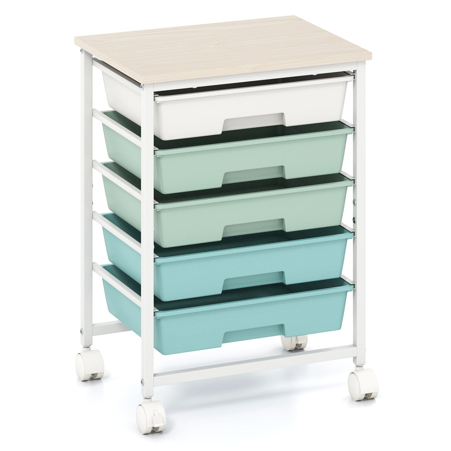 5-Drawer Rolling Cart with Wooden Tabletop and Metal Frame for Craft Room-Green Gradient