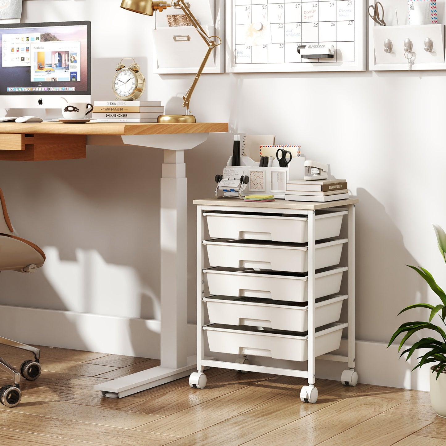 5-Drawer Rolling Cart with Wooden Tabletop and Metal Frame for Craft Room-Green Gradient