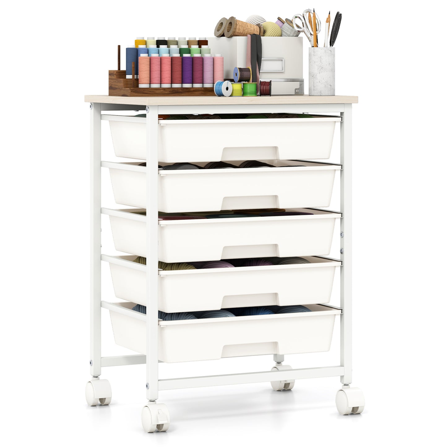 5-Drawer Rolling Cart with Wooden Tabletop and Metal Frame for Craft Room-Green Gradient
