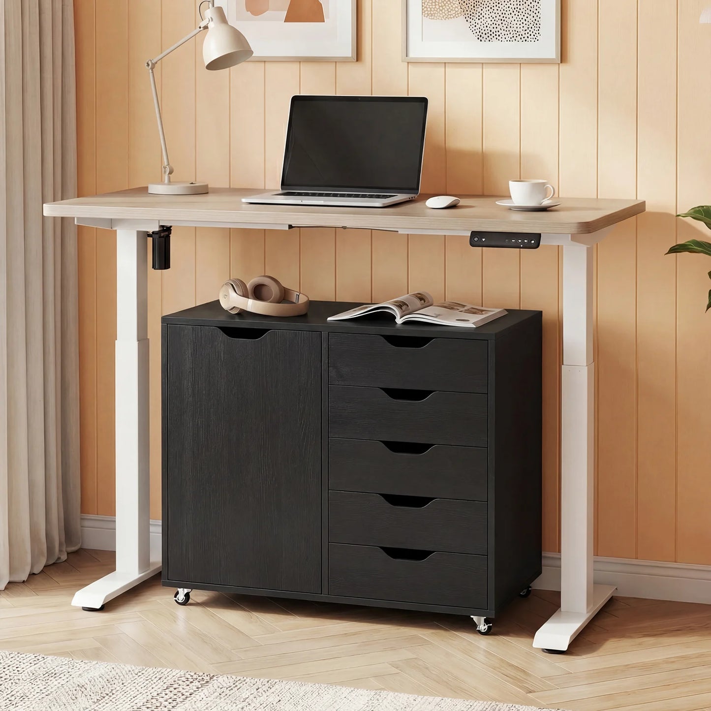 5-Drawer Rolling Storage Cart with Side Cabinet-Black