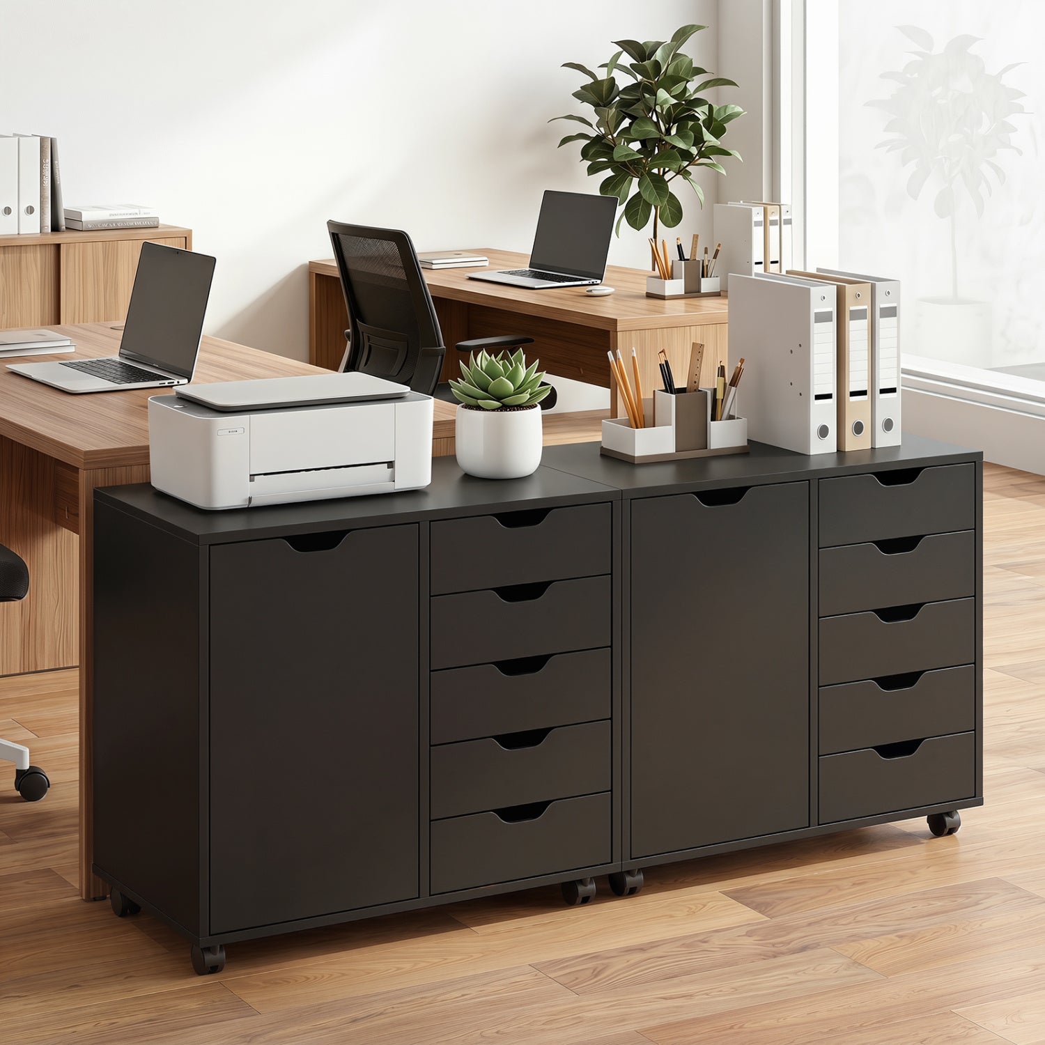 Black 5-drawer storage cabinet on wheels with adjustable shelf, ideal for home office organization and file storage.