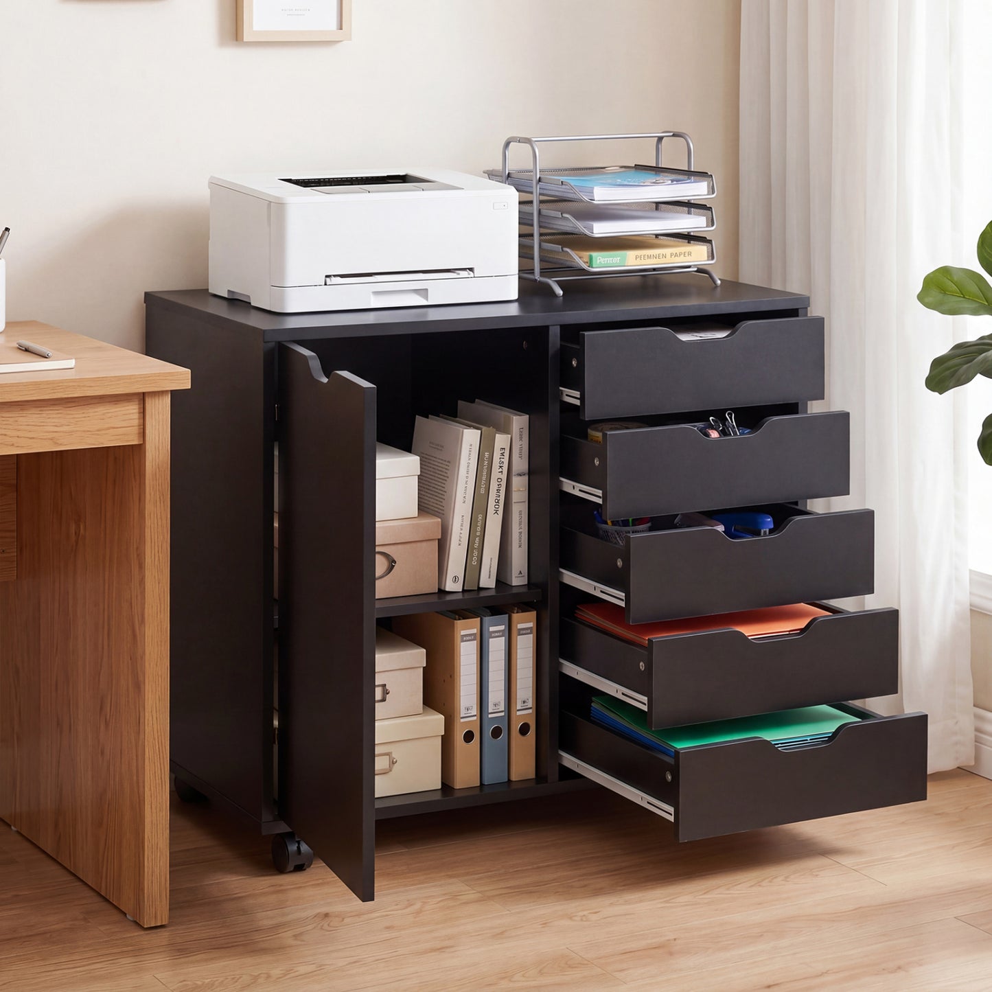 Black 5-drawer storage cabinet on wheels with adjustable shelf, ideal for home office file organization by Direct by Wilsons Home Store.