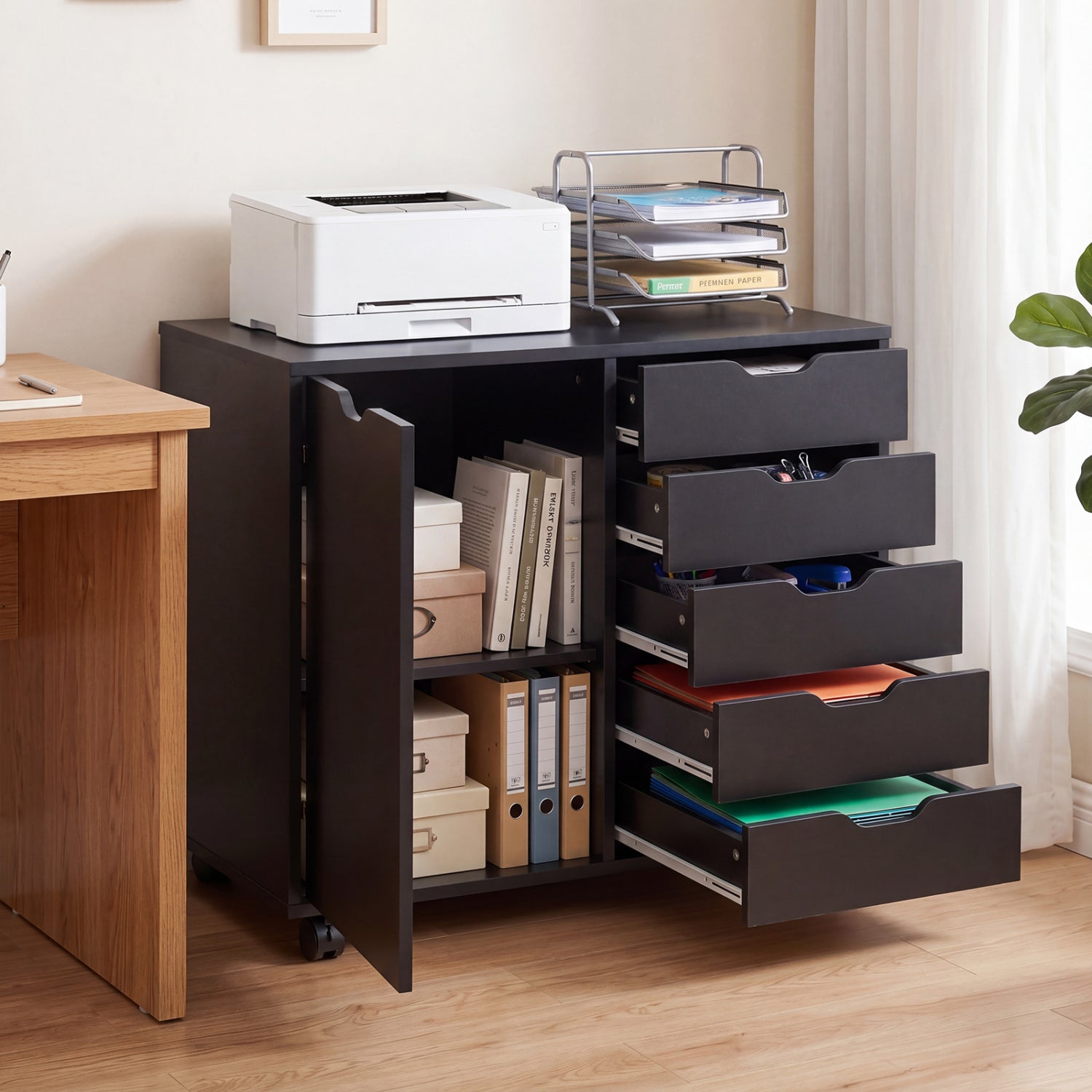 Black 5-drawer storage cabinet on wheels with adjustable shelf, ideal for home office file organization by Direct by Wilsons Home Store.