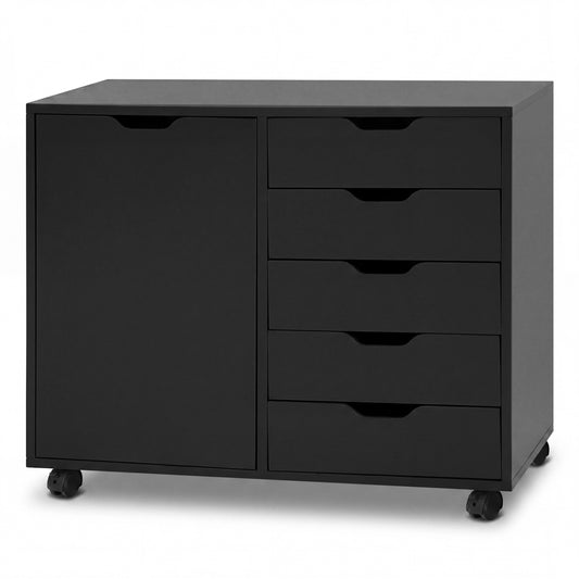 Black 5-drawer storage cabinet on wheels with adjustable shelf, ideal for home office file organization by Wilsons Home Store.