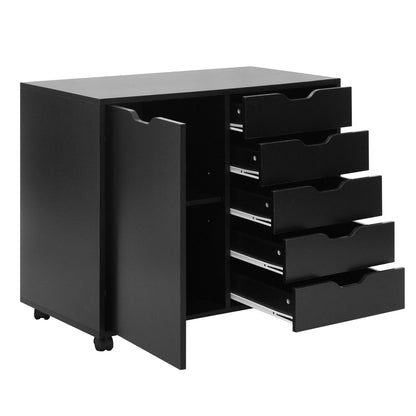 Black 5-drawer storage cabinet on wheels with adjustable shelf, ideal for home office organization and file storage.