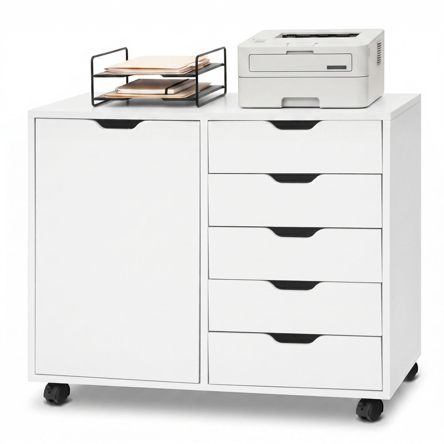 Black 5-drawer storage cabinet on wheels with adjustable shelf, ideal for home office file organization by Wilsons Home Store.