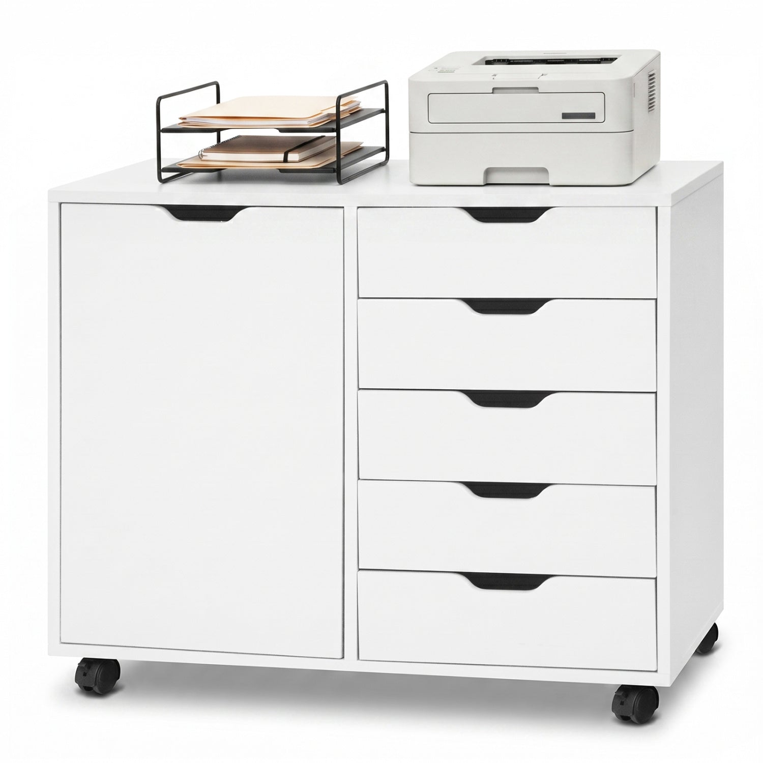 Black 5-drawer storage cabinet on wheels with adjustable shelf, ideal for home office file organization by Wilsons Home Store.