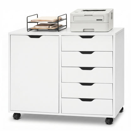 Black 5-drawer storage cabinet on wheels with adjustable shelf, ideal for home office file organization by Wilsons Home Store.