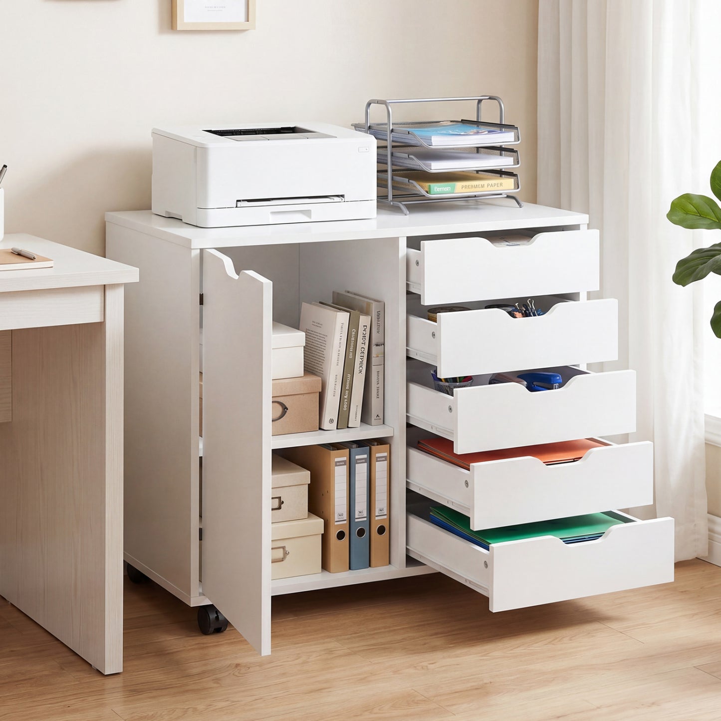 Black 5-drawer storage cabinet on wheels with adjustable shelf, ideal for home office file organization by Wilsons Home Store.