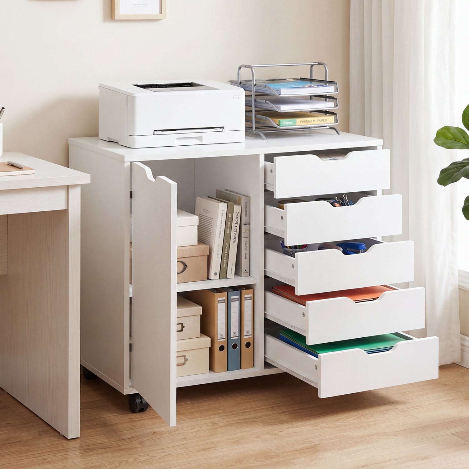 Black 5-drawer storage cabinet on wheels with adjustable shelf, ideal for home office file organization by Wilsons Home Store.
