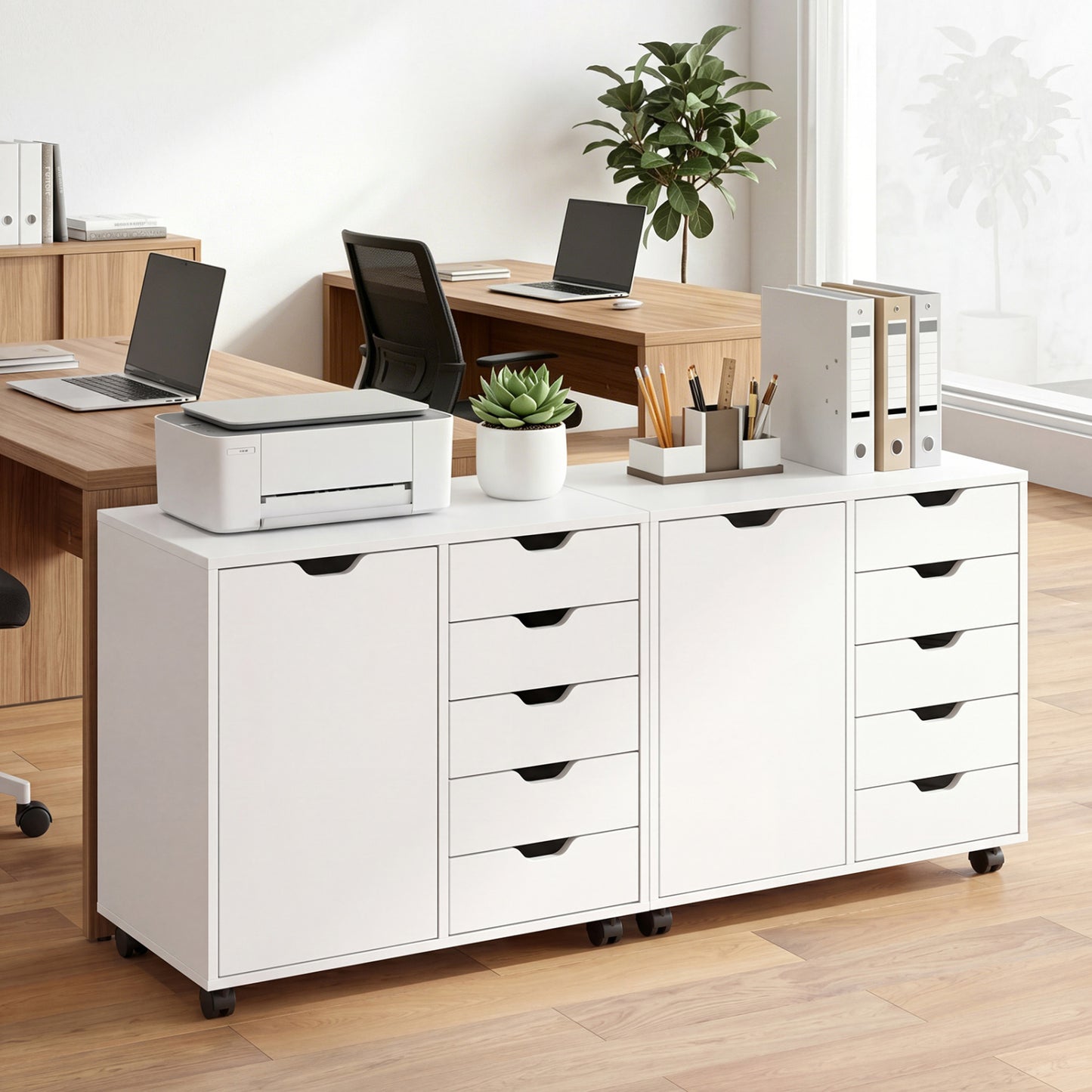Black 5-drawer storage cabinet on wheels with adjustable shelf, ideal for home office file organization and versatile storage.