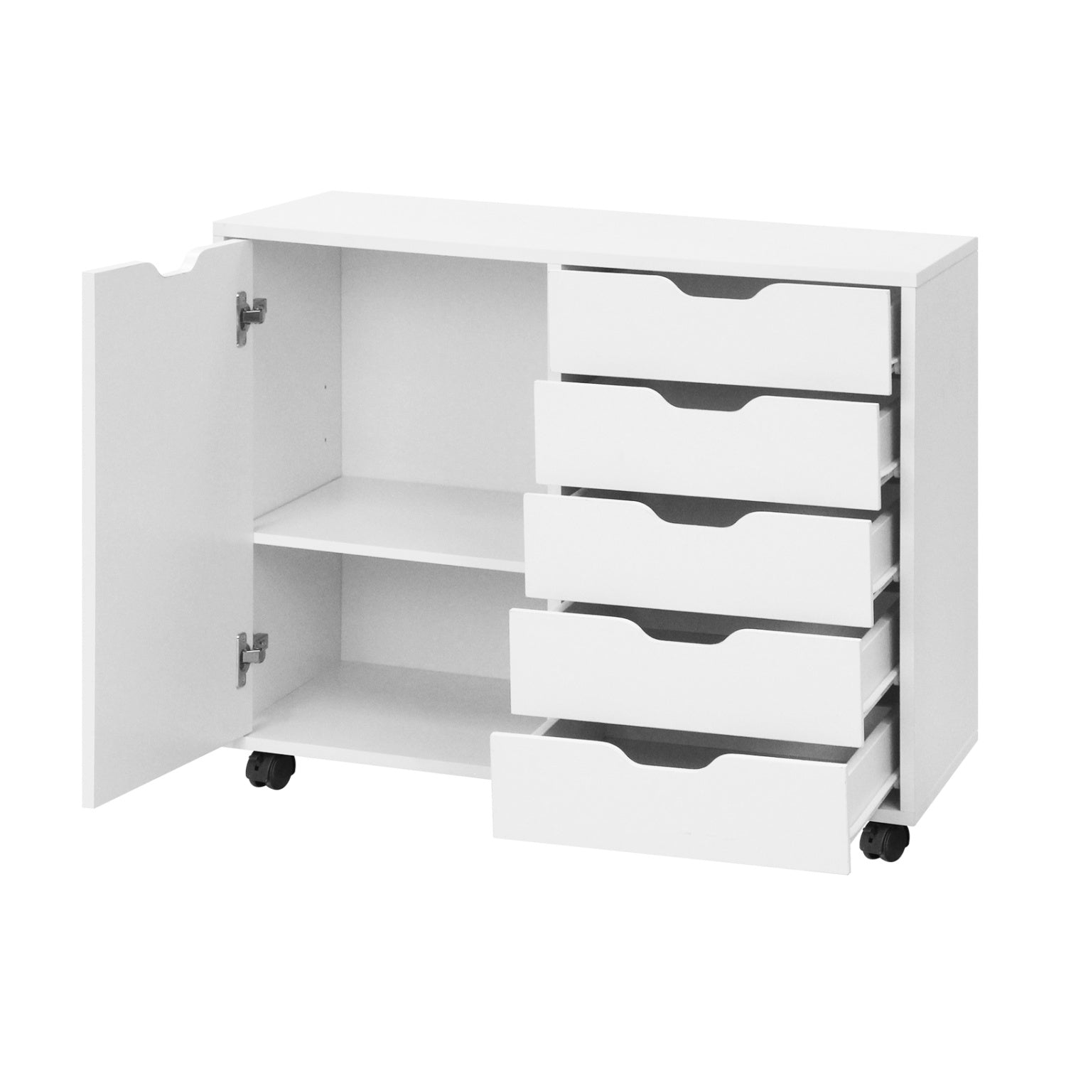 Black 5-drawer storage cabinet on wheels with adjustable shelf from Wilsons Home Store, ideal for home office organization.