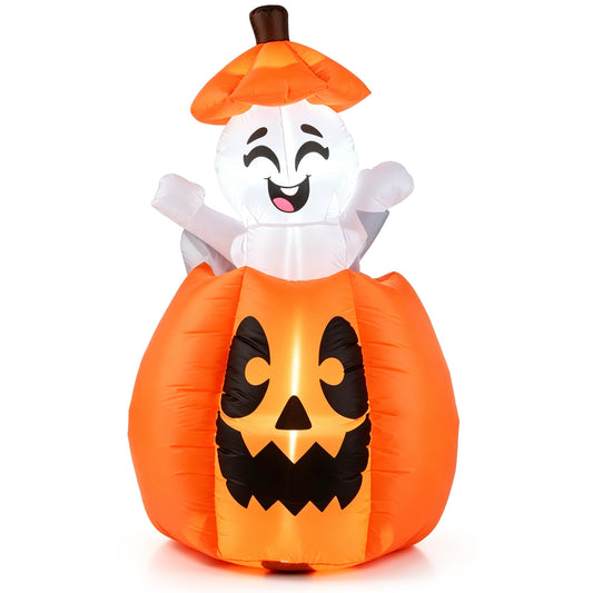 5-foot animated Halloween inflatable with a pumpkin and rising ghost, festive holiday decor for spooky seasonal displays