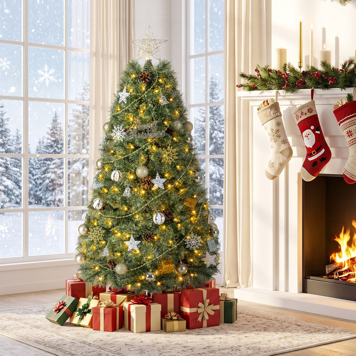 5 FT Artificial Christmas Tree Hinged Fully-Decorated with 238 Blossom Pine Needles