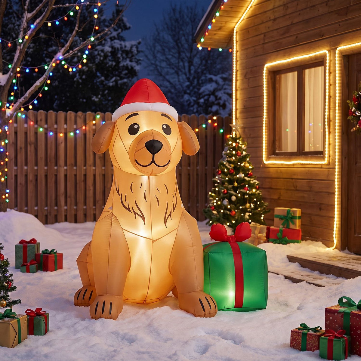 5-foot Christmas inflatable golden retriever dog decoration for holiday decor, featuring festive holiday-themed design.