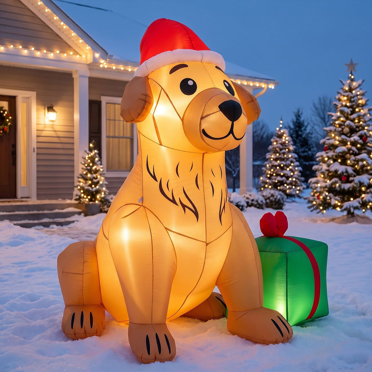 5 ft Christmas inflatable golden retriever dog decoration for holiday decor, outdoor winter holiday inflatable by Wilsons Home Store