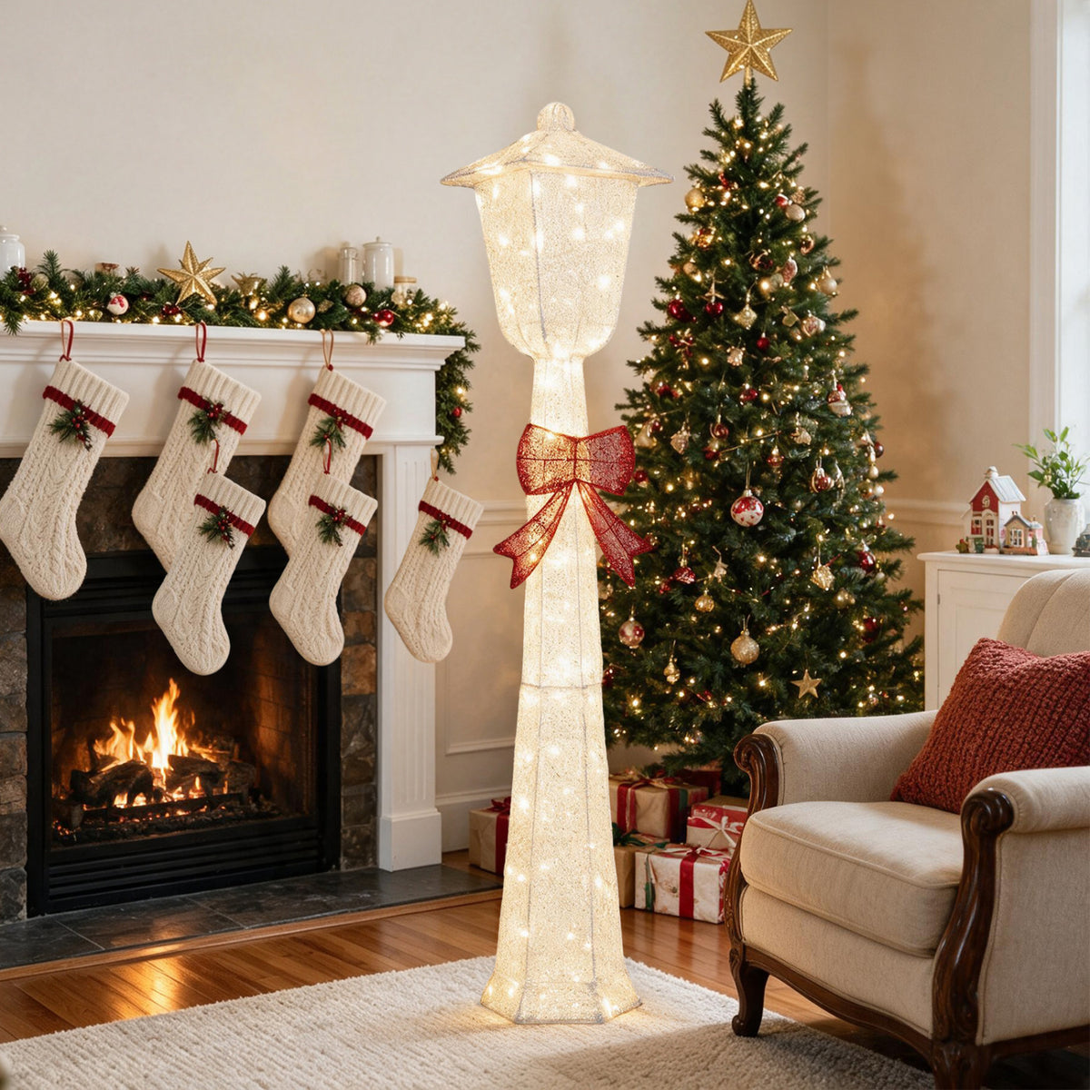 5 FT Lighted Christmas Lamp Post with Bowknot Decorations-2 Pieces