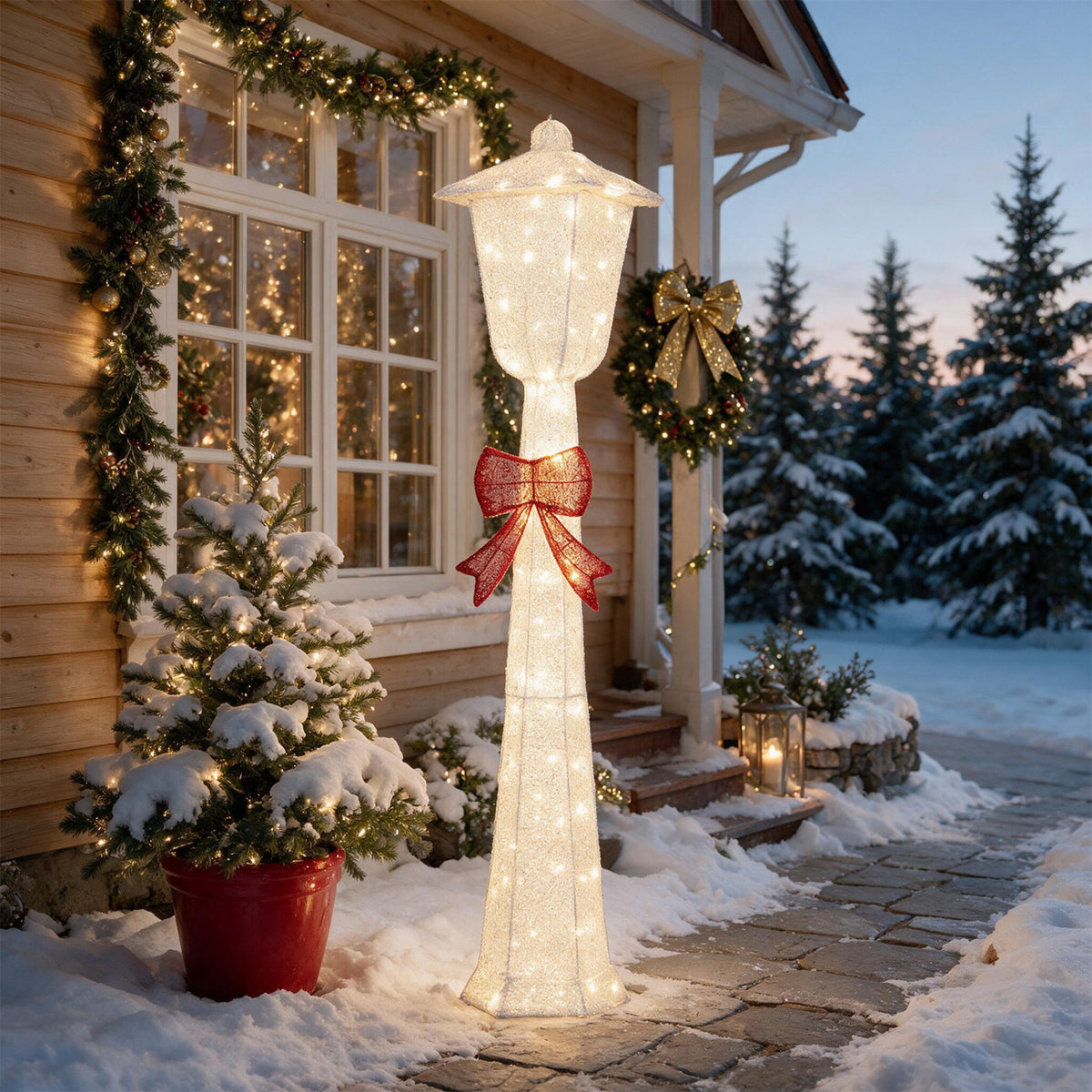 5 FT Lighted Christmas Lamp Post with Bowknot Decorations-2 Pieces