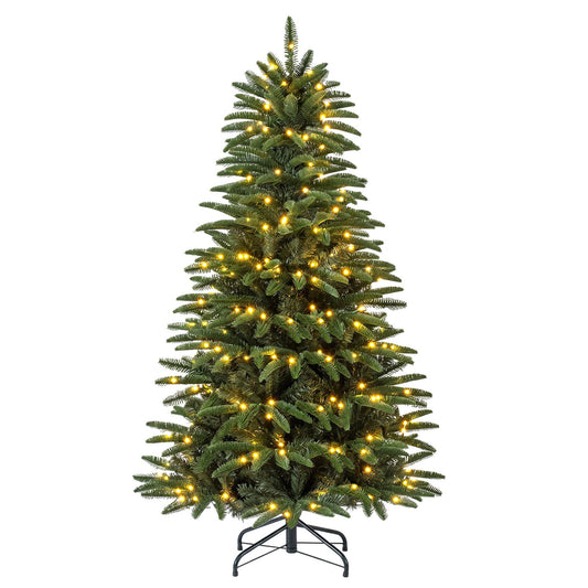 5 ft pre-lit artificial Christmas tree with 507 lush branch tips, decorated with 3 gift boxes for holiday decor by Wilsons Home Store