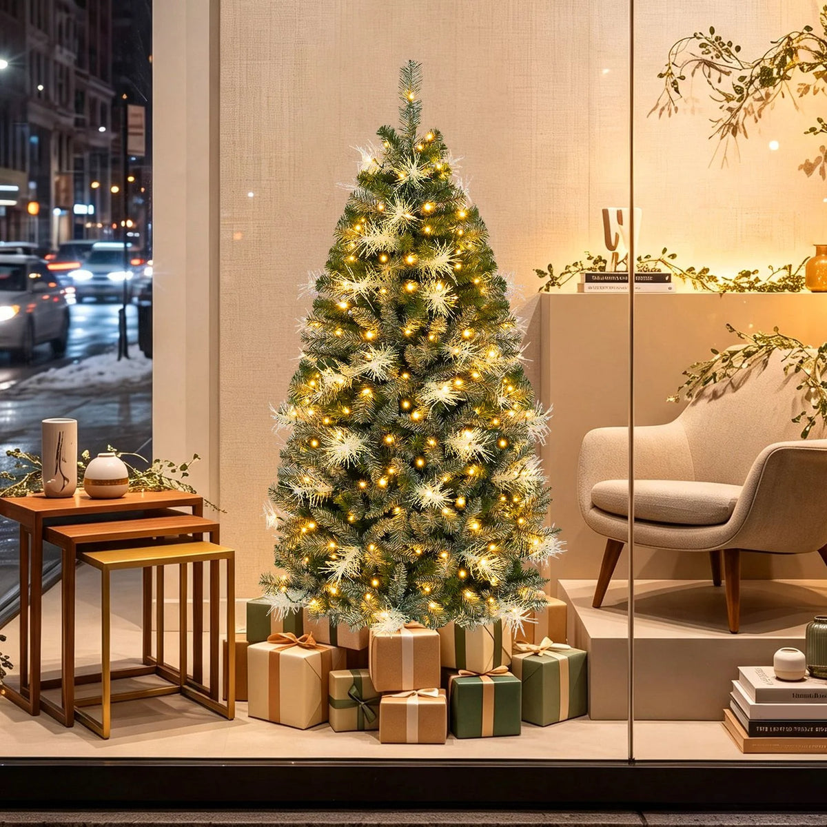 5 ft pre-lit Christmas tree with warm white and multi-color LED lights, dimmable holiday decor for home and parties