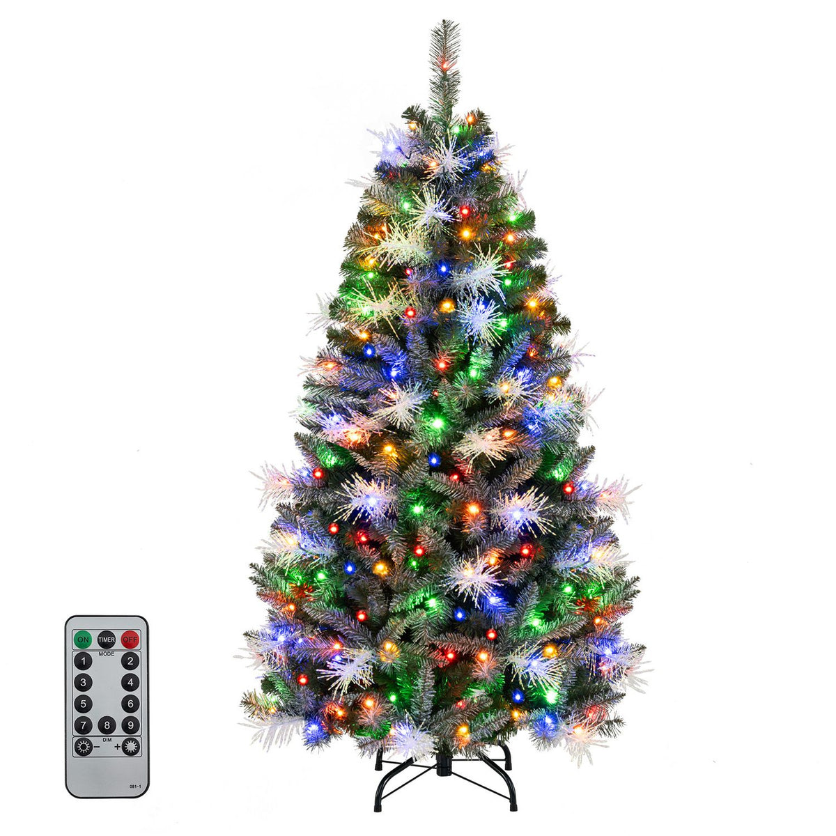 5 ft pre-lit Christmas tree with warm white and multi-color LED lights, dimmable, perfect for holiday home decor.