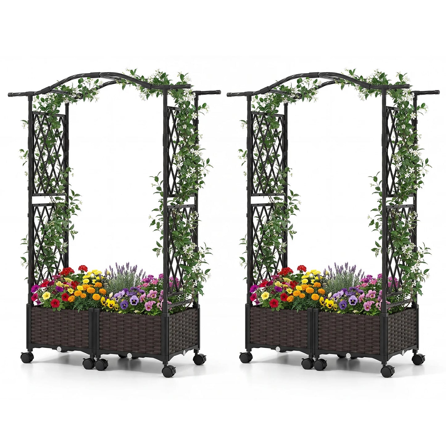 5 FT Tall Raised Garden bed with Lockable Wheels and Hanging Roof for Climbing Flowers-Brown