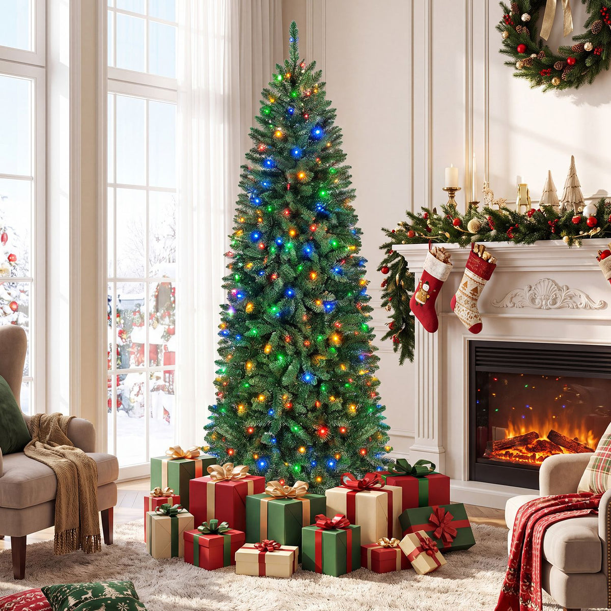 5-foot pre-lit artificial Christmas tree with warm white and multi-color LED lights, decorated for holiday decor.
