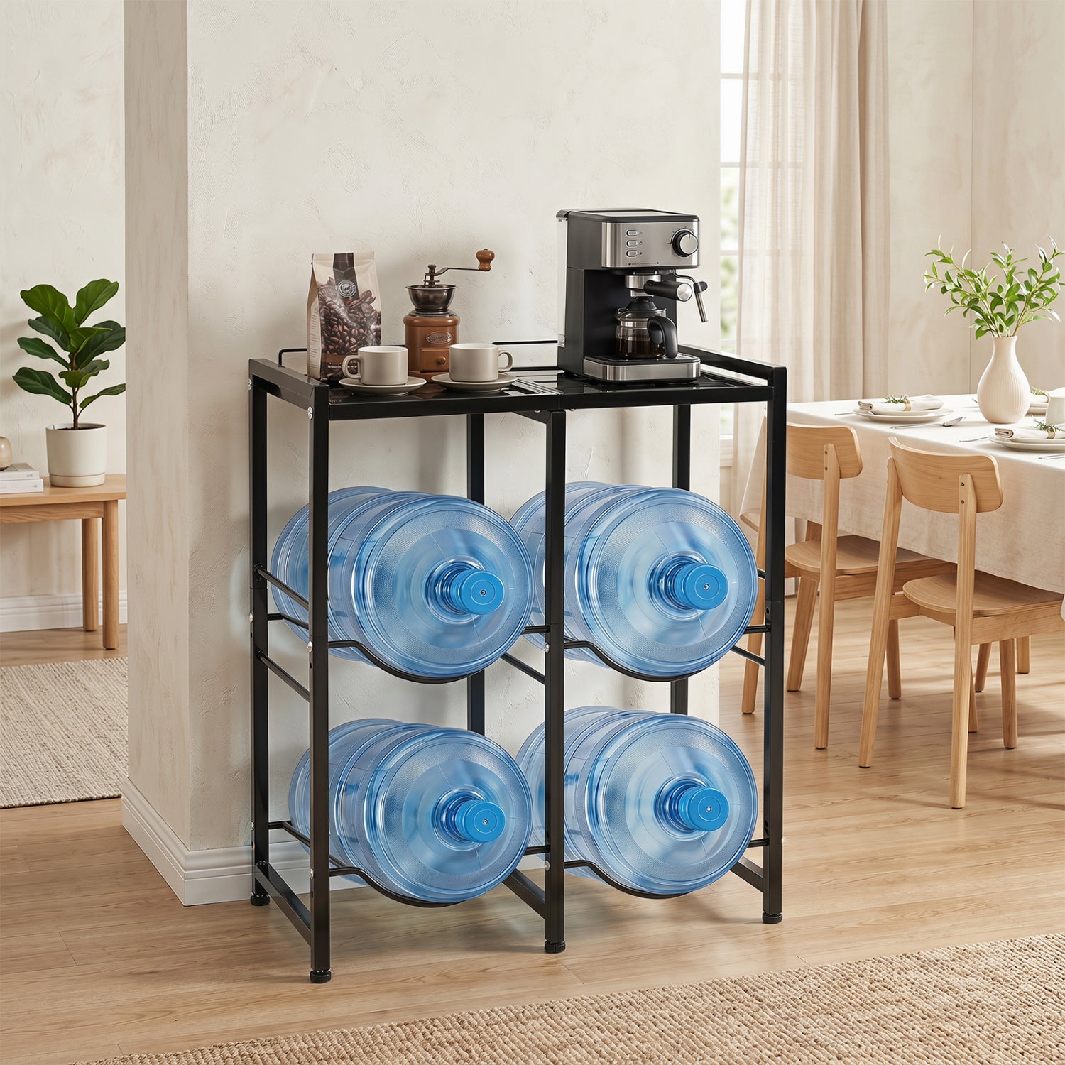 Black 5-gallon water jug holder for 4 bottles, outdoor storage solution, designed for durability and easy access.