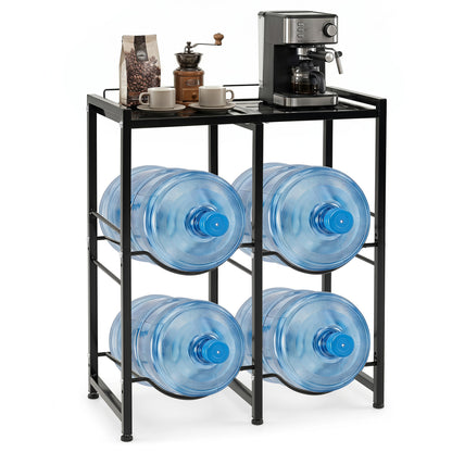 Black 5-gallon water jug holder for four bottles, outdoor storage solution, durable plastic design for garage or yard use.