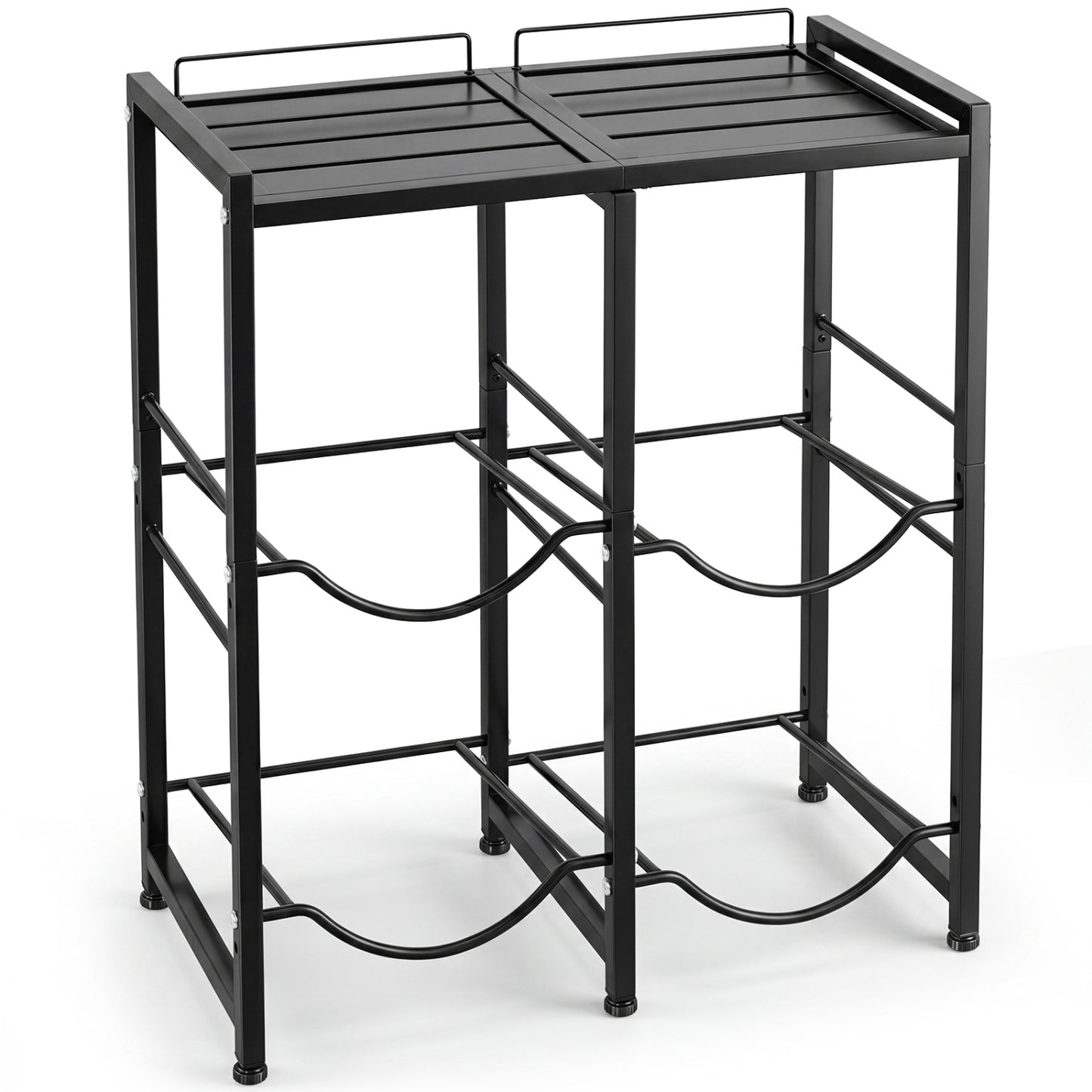 Black 5-gallon water jug holder for four bottles, outdoor storage solution, designed for durability and easy access.