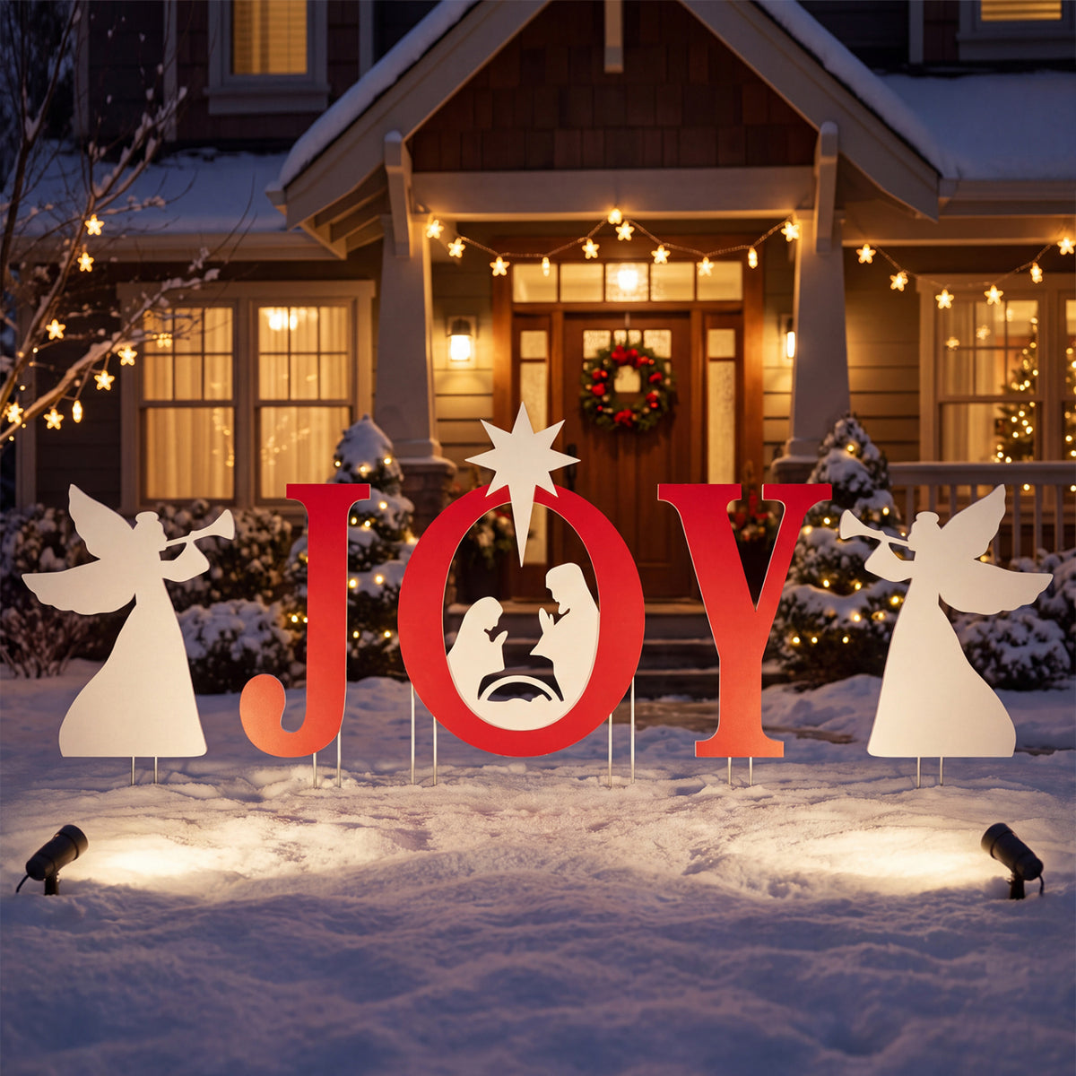 5 PCS JOY Nativity Christmas Yard Sign Set with Angels for Garden-Red