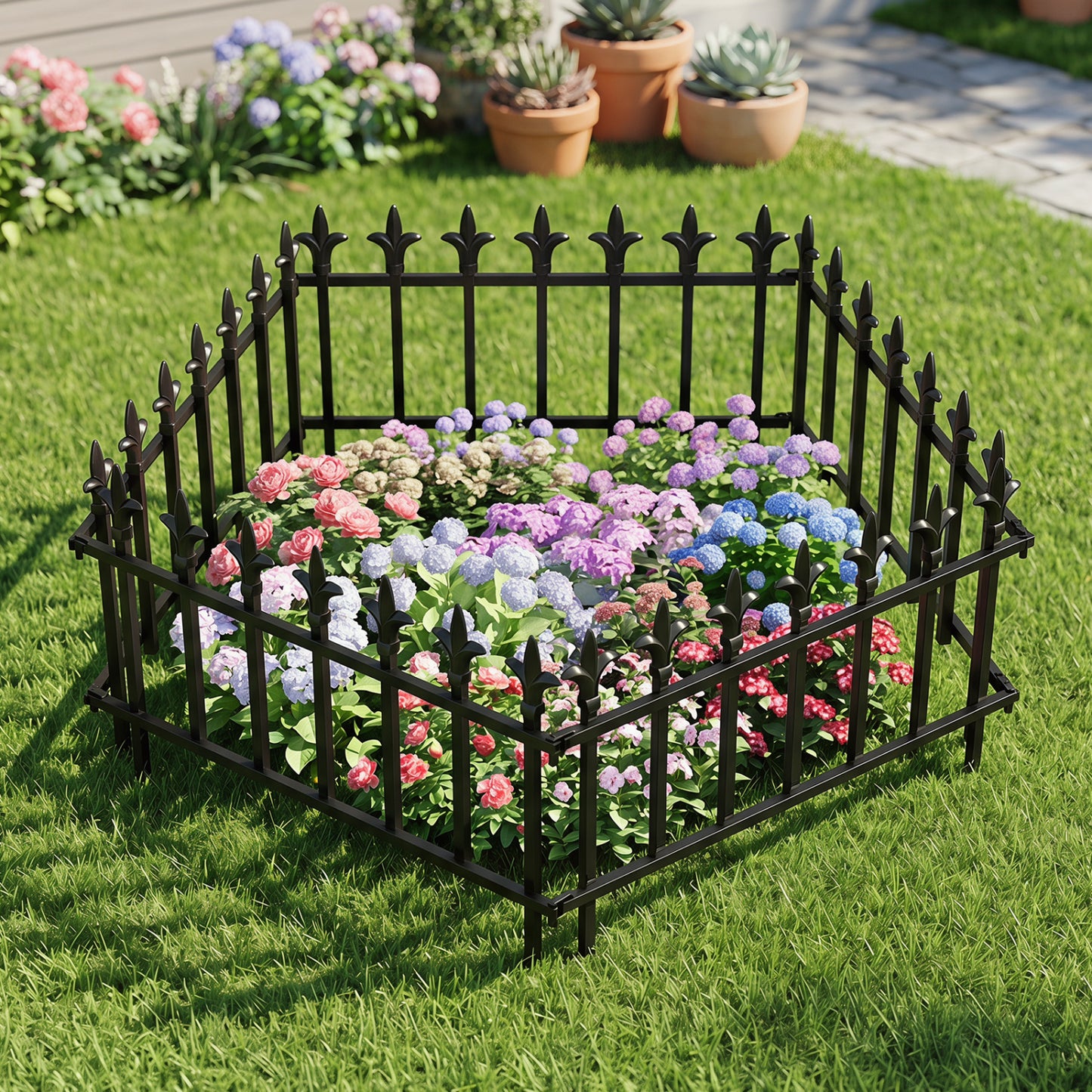 Set of 5 or 10 decorative metal garden fence panels by Wilsons Home Store, outdoor landscape fencing for lawn privacy.