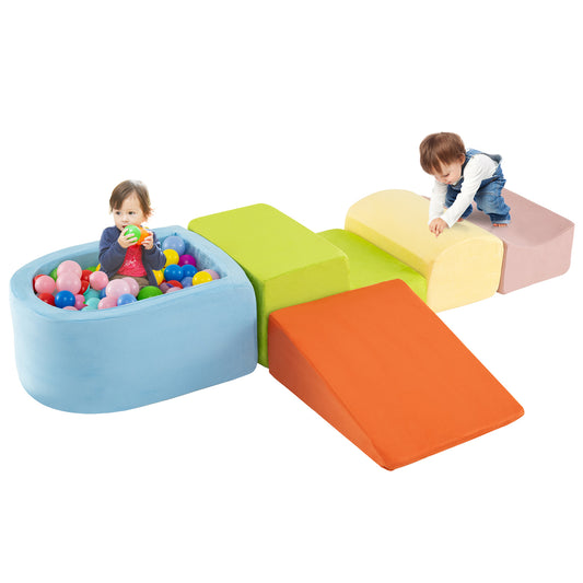 Colorful 5-piece kids' climb and crawl playset with ball pit, designed for indoor play and active fun.