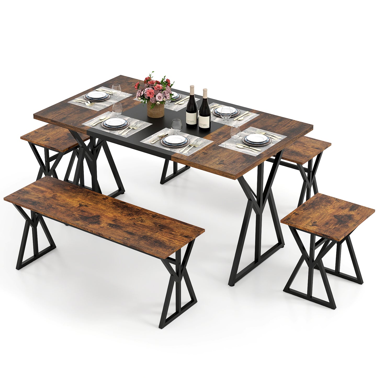 5-Piece Dining Room Set Industrial Rectangular Kitchen Table with 2 Benches and 2 Stools-Rustic Brown