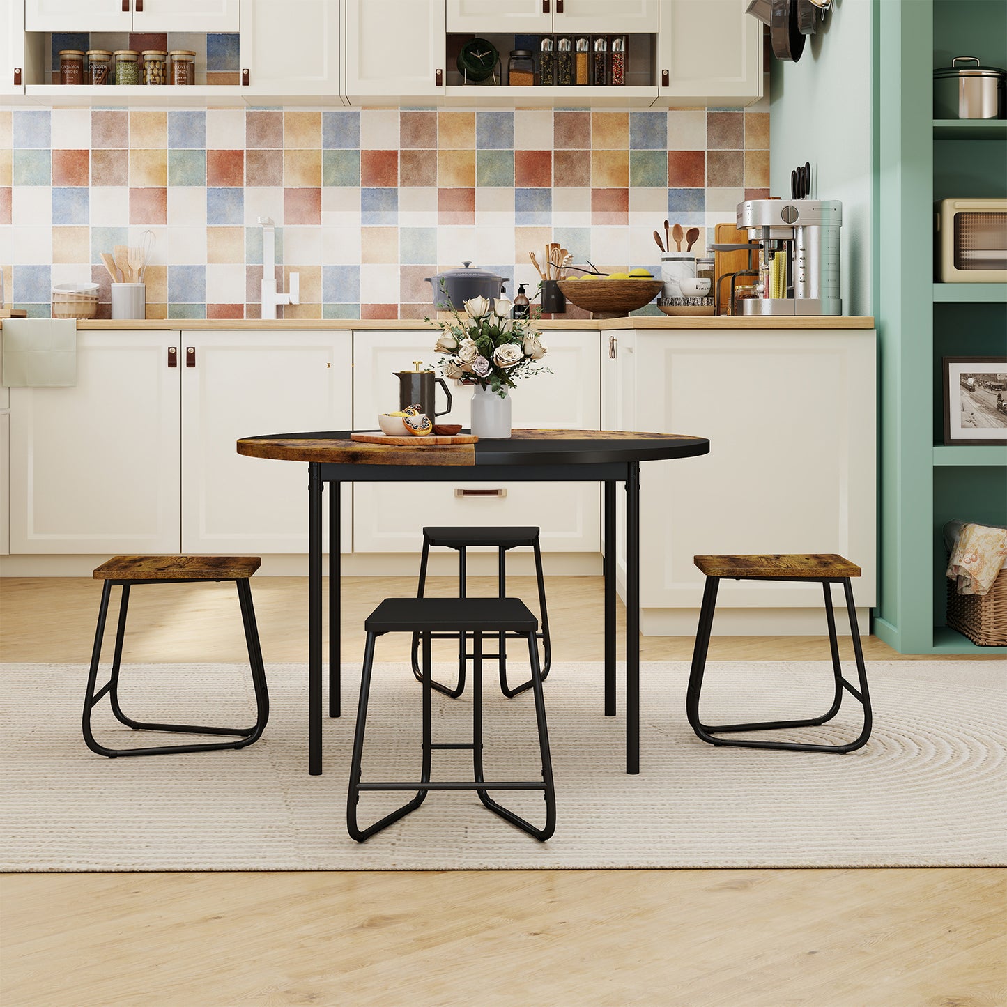 5-Piece Dining Set for 4 47 Inch Round  Kitchen Table and 4 Stools-Brown