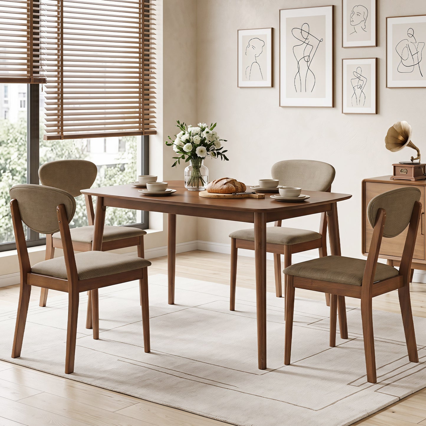 5-Piece Dining Set for 4 with Rectangular Table & Fabric Chairs for Living Room-Beige