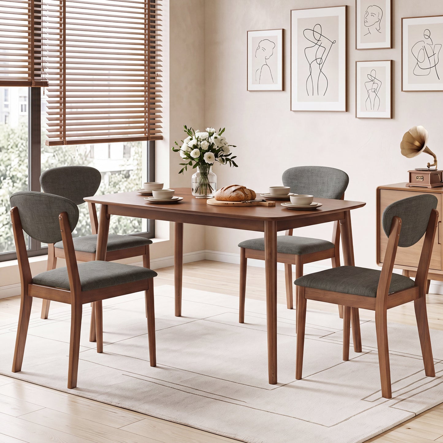 5-Piece Dining Set for 4 with Rectangular Table & Fabric Chairs for Living Room-Beige