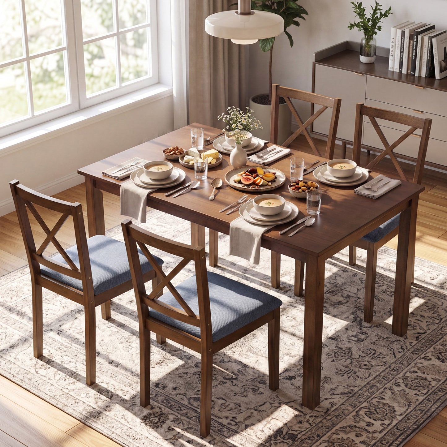 5-Piece Dining Set with Rectangular Table & Fabric Chairs for Small Space-Gray