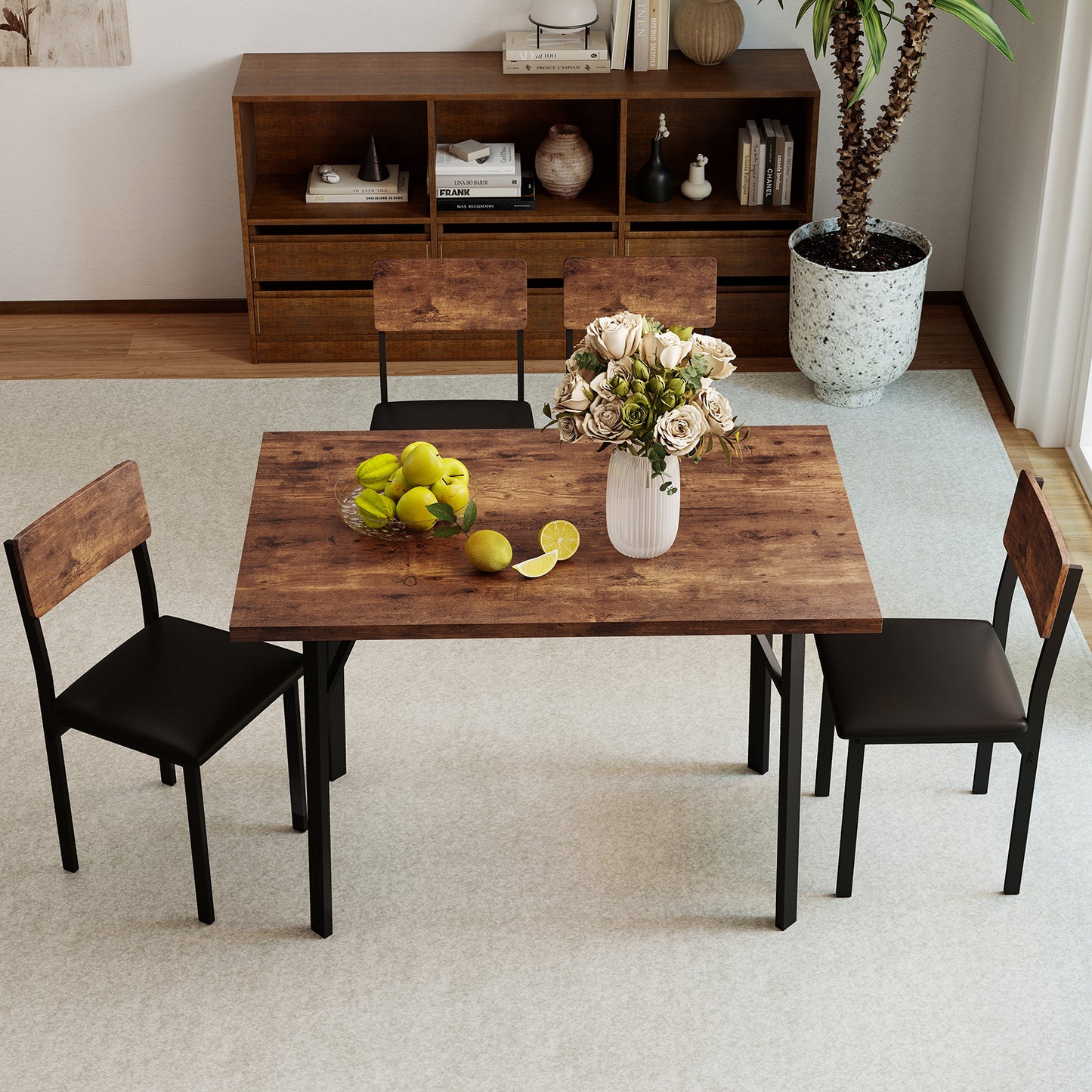 5-Piece Dining Table Set for 4 People Industrial Kitchen Table and 4 PU Leather Chairs-Brown