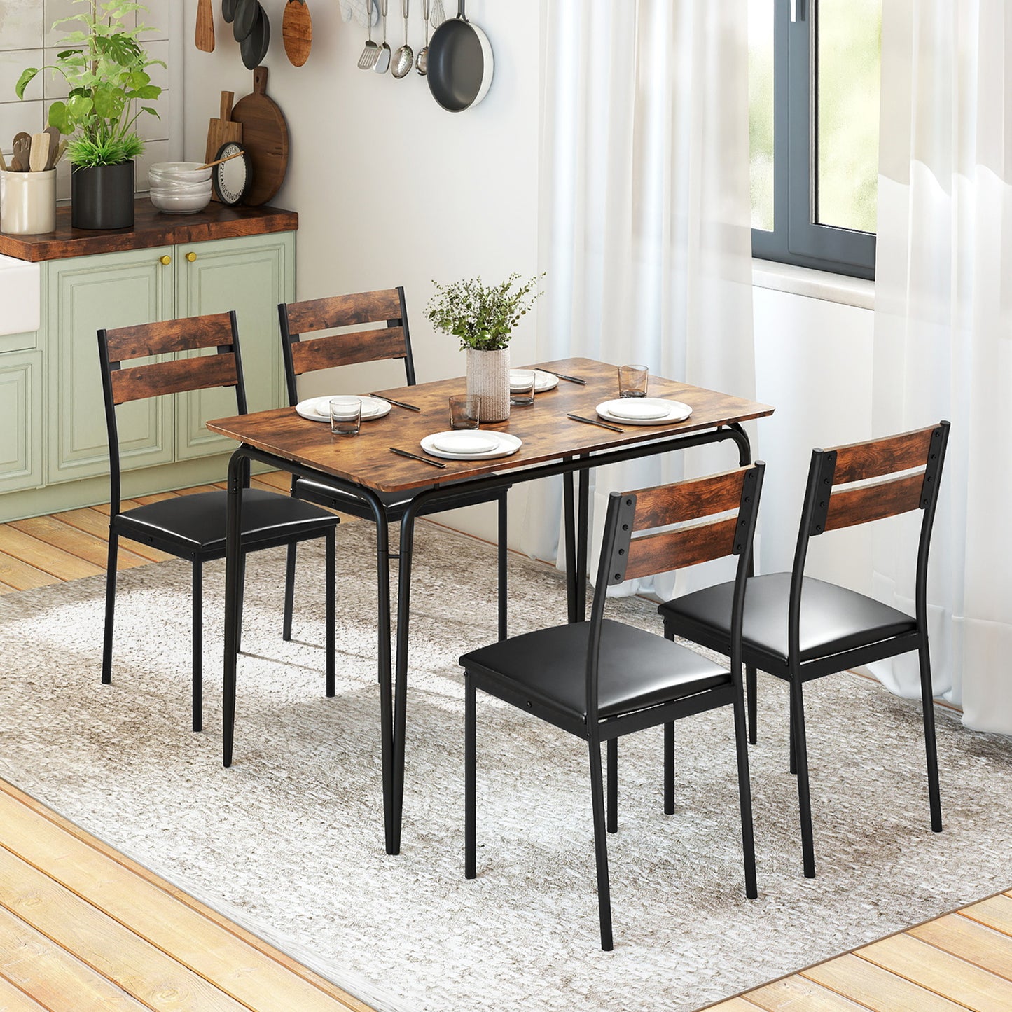 5-Piece Dining Table Set Industrial Rectangular Kitchen Table and 4 Armless Chairs-Rustic Brown