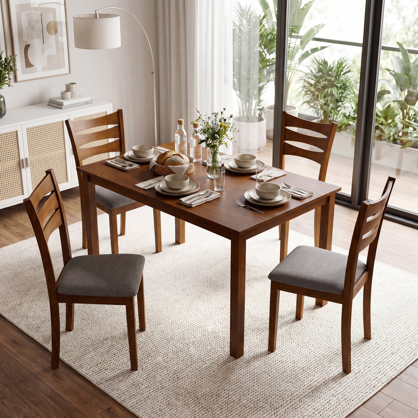 5-Piece Dining Table Set with Linen Fabric Upholstered Chairs and Solid Rubber Wood Frame for 4 People-Brown