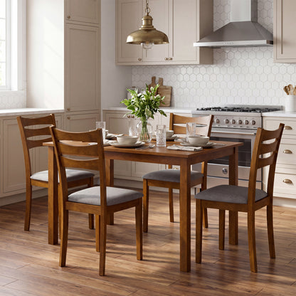 5-Piece Dining Table Set with Linen Fabric Upholstered Chairs and Solid Rubber Wood Frame for 4 People-Brown