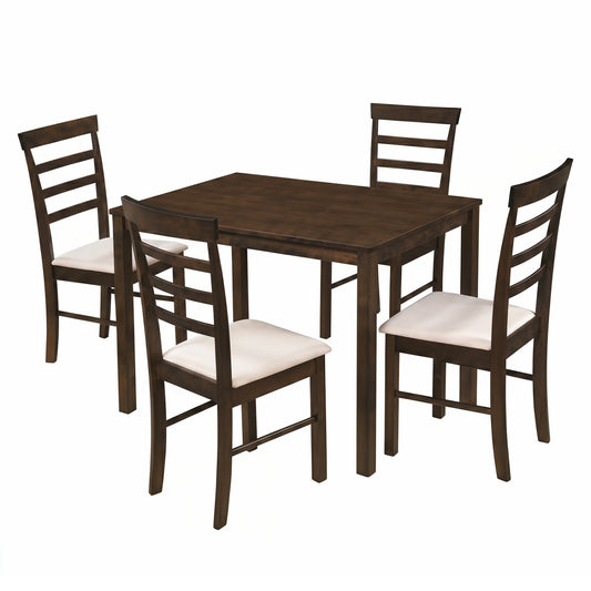Brown 5-piece dining table set with upholstered chairs for four, perfect for small dining rooms and compact spaces.