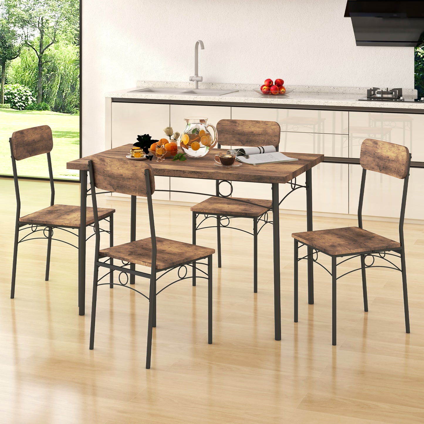 5-Piece Industrial Dining Table Set for 4 for Small Place Apartment-Brown