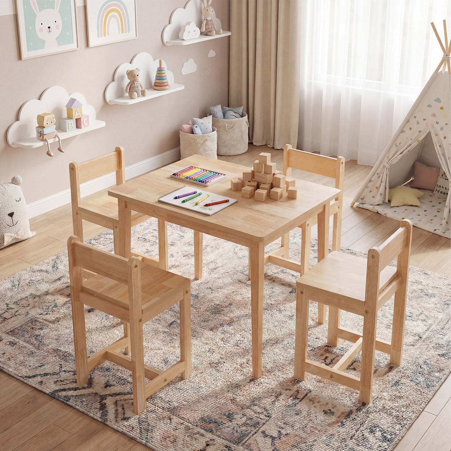 5-Piece Kids Table and Chairs Set Solid Rubber Wood Toddler Activity Table-Natural
