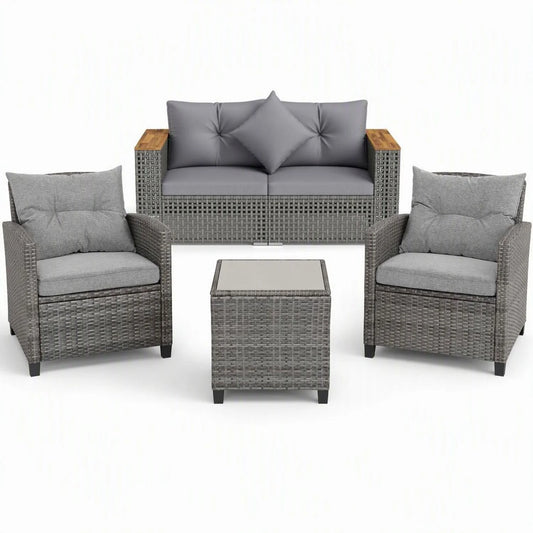 5-Piece Outdoor Rattan Sofa Set with Corner Loveseat  4 Cushioned Seats and Coffee Table